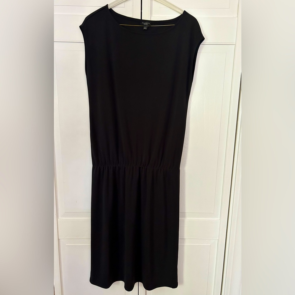 Talbots black polyester dress, elastic waist, bloused top, size small
